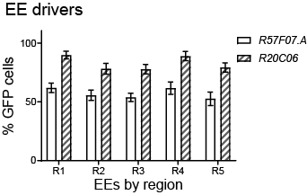 This figure shows the percentage of EE cells in each midgut region expressing GFP when the R57F07.A or R20C06 driver pairs were combined with UAS-Stinger